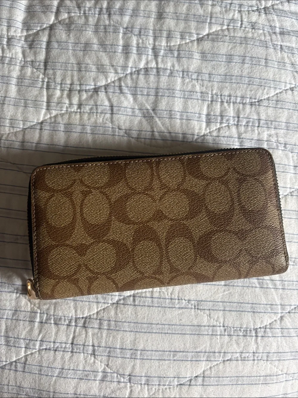 Coach Brown Signature Canvas Zip Wallet with Gold Logo